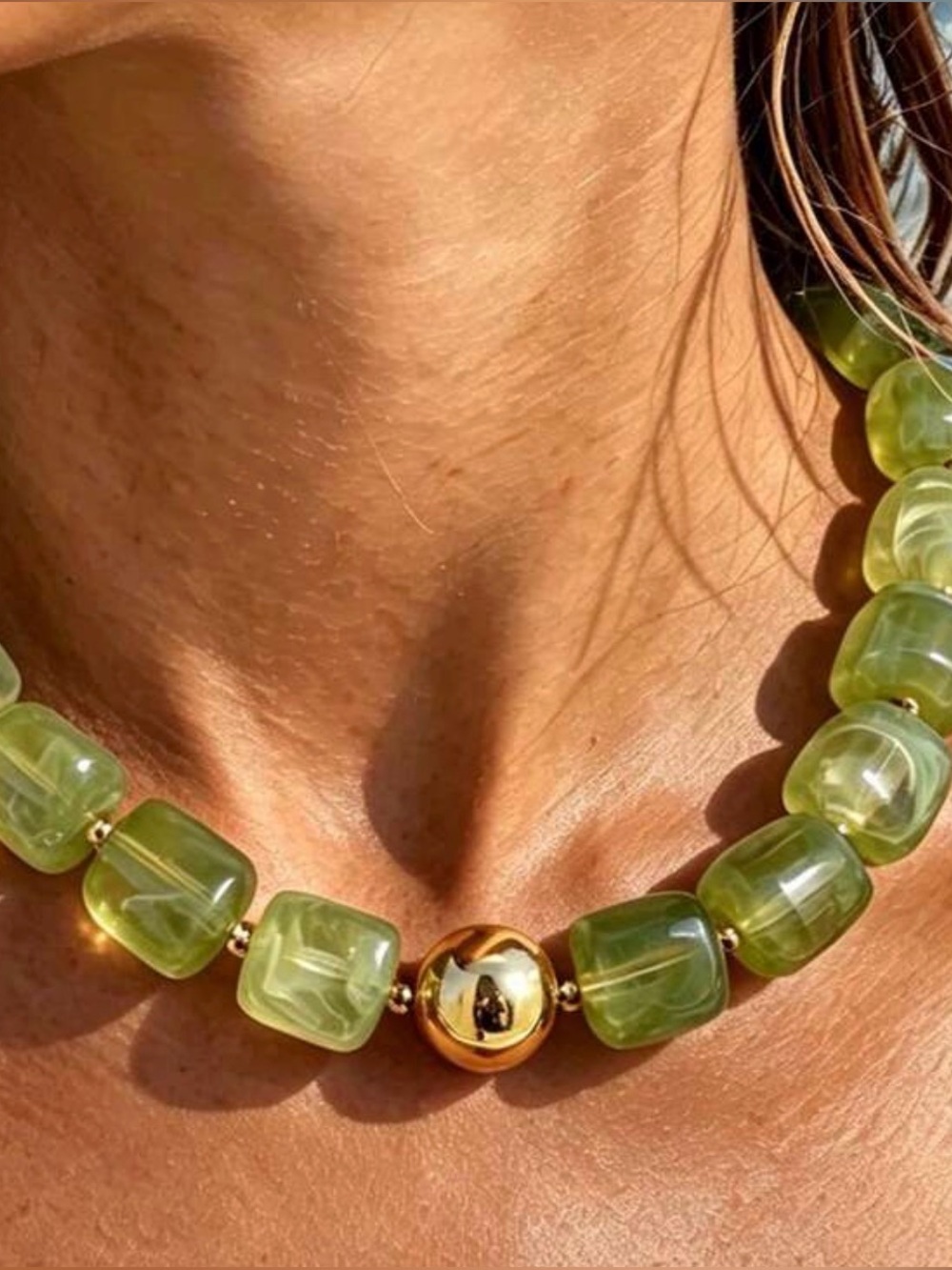 Green Beaded Gold Accent Necklace - Women's Jewelry